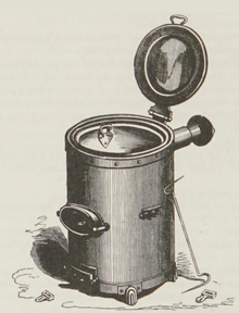 drawing of a cylindrical cooking stove, with lid at the top and door for fuelling at the lower front