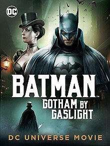 A gas streetlight, Selina Kyle in Victorian dress and a top hat, and in front of her Batman. Beneath a foggy street and the mysterious cloaked figure of the Ripper.