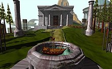 A courtyard with a fountain, from the game Myst.