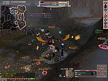 A female archer jumps down towards a large battlefield filled with other players.