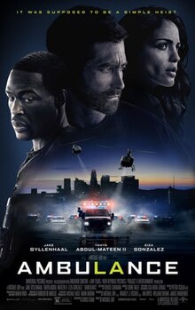 A poster featuring the faces of two men and one woman. Underneath them is an ambulance being pursued by the police. The title, "Ambulance", is also present with the letters "LA" in a different color, noting that the story takes place in Los Angeles.