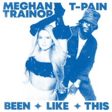 A blue-tinted image of a blond woman and a man in a hat with their hands intertwined. The text "Meghan Trainor T-Pain" stands above them and "Been Like This" below them.