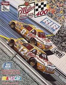 The 1988 Miller Genuine Draft 400 program cover, featuring Bobby Hillin Jr. and Bobby Allison. Artwork by NASCAR artist Sam Bass.