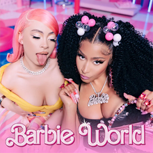 Cover art for "Barbie World": Ice Spice and Nicki Minaj in front of a life-sized Barbie dollhouse