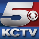 On a blue background, a box containing a silver 5 dividing it into blue and red segments. On the red segment, to the right of the 5, is the CBS eye. Beneath are the letters KCTV in a sans serif.
