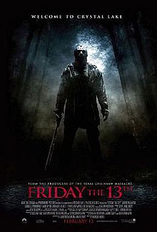 A film poster with the title "Friday the 13th" appearing in red letters just below "From the producers of The Texas Chainsaw Massacre". Above the title stands Derek Mears dressed in full Jason Voorhees make-up and a machete in his right hand. Fog and a moonlit wilderness appear in the background. The production credits appear in small font at the bottom of the poster.