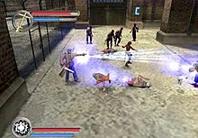 A screenshot of a character using magic to fight a horde of enemies.