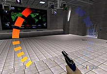 A room with a large monitor displaying a world map. A hand holding a gun is shown at the bottom. Around the image are graphic symbols representing the player's health, ammunition, and armour levels.