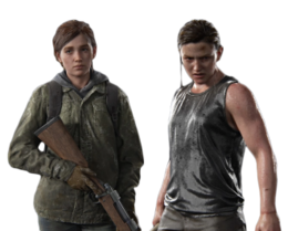 Gameplay screenshot of a young adult woman with brown hair. She has some snow on her and is wearing a hooded jacket and backpack and holding a rifle. Next to her is a woman in her early 20s with brown hair. She is wet and is wearing a grey sleeveless shirt.