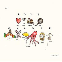 Cover art of "Love Galore": an acrostic of the song's title, with accompanying drawings for each word (love, olive, vitamins, egg, gratitude, atom, lemon, octopus, Rollie, energy)
