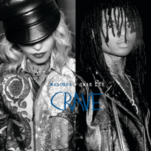 Image divided into two sides: One side features a white female wearing a patterned jacket and a black beret, while the other depicts a black male wearing dreadlocks and a leather jacket. The words MADONNA + SWAE LEE and CRAVE are written in the middle of the image