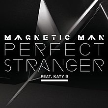 A portrait of little table and the dark floor and the white line. Performer and single is 'MAGNETIC MAN PERFECT STRANGER FEAT. KATY B'