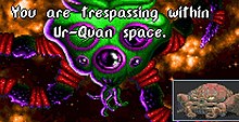An image of the Ur-Quan, as a green insectoid alien, and their dialog text: "You are trespassing within Ur-Quan space."