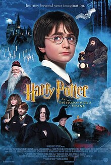 A poster depicting a young boy with glasses, an old man with glasses, a young girl holding books, a redheaded boy, and a large bearded man in front of a castle, with an owl flying. The left poster also features an adult man, an old woman, and a train, with the titles being "Harry Potter and the Philosopher's Stone".