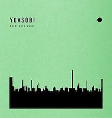 A silhouette of a skyline with a green background, showing "YOASOBI" / "NOVEL INTO MUSIC" on the left-top corner, and a black circle on the right-top corner