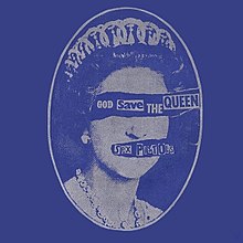 An monochrome image in blue of Queen Elizabeth II with her eyes and lips blacked out, reading out the title of the single and the band's name respectively.