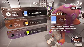 An in-game screenshot of the Floor Selection menu. There are three choices on the left, each specifying a scenario for a level, which all include the name of the stage it will be played on, the number of Membux awarded, the color chip given, the difficulty, and the objective as shown by an icon. The number of Membux given are more for the harder scenario. The user's lives are shown in the top left, currently all three are full, and the number of Membux in the top right, currently at 370.