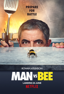 Poster, featuring Atkinson as Trevor having a flyswatter looking in the eyes of a bee, with caption "Prepare for Battle"