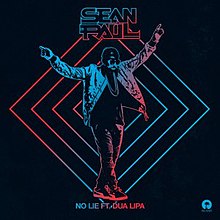 A drawing of Sean Paul with his arms up in red and blue with diamonds behind him appears in the center. His name appears on the top and the song's title "No Lie ft Dua Lipa" appears on the bottom, while his label's logo, Island Records, appears on the bottom right.