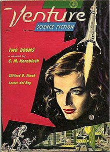 Cover shows a medley of a young woman's face, a space rocket with fire coming out of its tail, humans in space suits, and experimental lab.