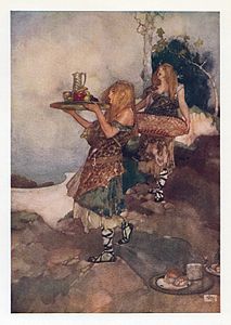 Enter the "Daughters of the Plough", bearing Luncheon., at and by William Russell Flint (restored by Adam Cuerden)