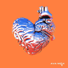 A metallic model of a fused brain and heart is superimposed on an orange background. The artist name is positioned in white on the bottom-right corner.