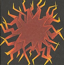 A stylized drawing of fire on a black background