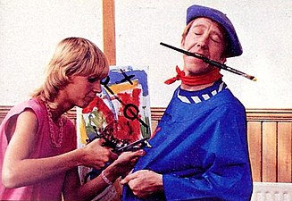 Julie Peasgood and Enn Reitel in September 1984 on the London shoot of The Optimist, series two (episode 6, "The Brush Off")