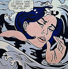 A woman's crying face is overwhelmed by waves as she thinks, "I don't care! I'd rather sink than call Brad for help!"