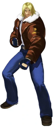 An illustration of Terry from the game Garou, where he wears a leather aviator jacket