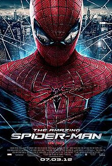Spider-Man, wounded, is covered in a spider-web with New York City in the background and as a reflection in his mask. Text at the bottom of the reveals the title, release date, official site of the film, rating and production credits.
