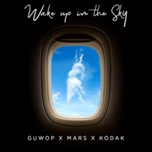 An airplane window view of an ice cream cone-shaped cloud. The title "Wake Up in the Sky" appears above in white font and "Guwop x Mars x Kodak" below.