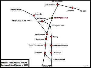 Stations and junctions near Pontypool Road railway station in 1909.