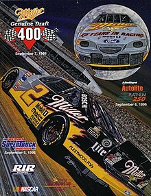 The 1996 Miller 400 program cover, featuring Rusty Wallace. Artwork by NASCAR artist Sam Bass.