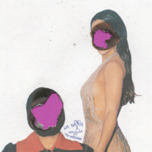 Rosalía (seen wearing a dress) faces towards the viewer and standing next to the Weeknd who is seen wearing a jacket sitting. Their faces are cut out, leaving behind burnt marks with a purple background. The artist's names and the song title is hand written in ink with the "M" represented as a broken heart.