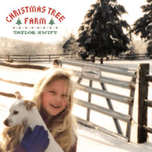 A young Taylor Swift on a snow covered farm, holding a white dog in her hands.