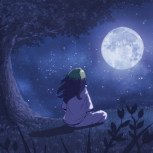 Cover art for "My Future": a cartoon drawing that depicts Billie Eilish sitting on grass as she stares at the night sky and the full moon