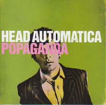 A man in a suit facing forwards with the band's name and the album's title covering his face, against a lime green background