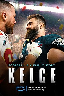 Colorful poster featuring two football players, one in a Kansas City Chiefs uniform and the other in a Philadelphia Eagles uniform, embracing on the field after a game. Confetti is falling in the background. The tagline reads: "Football is a family story". The release date is listed as September 12, and the streaming platform is Amazon Prime.