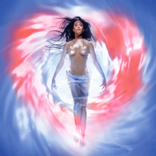 A swirling vortex surrounds Perry, in the center. White overlays blue and salmon colors in the shape of a heart symbol. She wears little but a sheer fabric covers her as she lifts up her arms and leg.