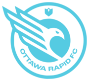 A blue, circular club crest, with a bird in the centre, facing right. The words "Ottawa Rapid FC" are written across the bottom, while a small tulip is drawn at the top.