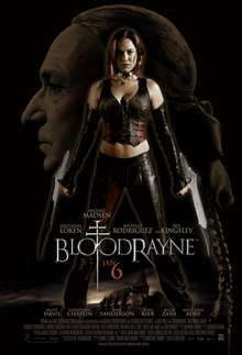 Bloodrayne stands centre, shown holding her signature armblades. The face of Kagan fills the frame behind her. Below the title, there is "Jan 6" release date and poster billing.
