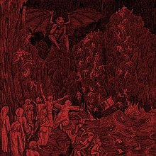 A drawing of a demonic scene rendered in red, inspired by the works of Gustave Doré