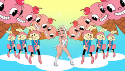 An animated Dua Lipa dancing with bunnies and ice cream cones on a cloud over a blue and yellow background.