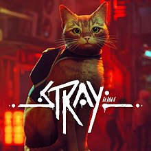 Cover art of a ginger cat, and the logo "Stray" written in white spray-paint style