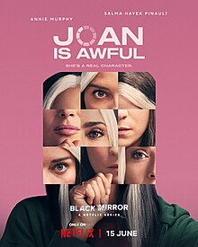 A misaligned grid of women's facial features at the centre of a poster titled 'Joan Is Awful'