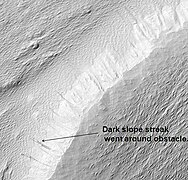 Nicholson Crater Central Mound, as seen by HiRISE. Click on image to see dark slope streak being diverted by an obstacle.