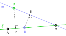 Two lines, six points on them, and two perpendicular segments from a point on one line to a point on the other, labeled as described in Kelly's proof