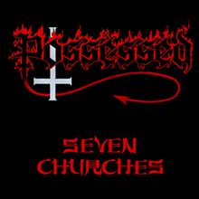 A black background with the word "Possessed" middle-centered near the top in a highly stylized large Gothic black font with the letters visible because they are outlined by a burning mono-tone red fire. A large white inverted cross appear behind the letter "o" and a long, red devil's tail starts from the bottom of the letter "P", goes behind the cross, and curves downward and then back towards the cross, with the tip like an arrow appearing to point towards the inverted cross. Near the bottom of the cover are the words "Seven" and "Churches", each middle-centered, in a red font different from the first.
