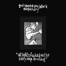 A baby whose diaper is being changed, drawn with solid lines and inset on a black background. A cloth obscures the baby's face. Hands from out of frame hold the cloth, the baby's feet and an aerosol can. Above the illustration, the band's name is handwritten in white and below, the title of the album.